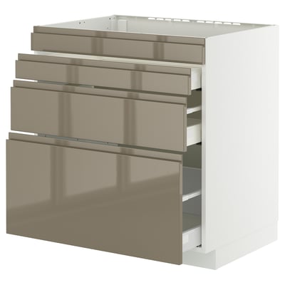 METOD / MAXIMERA Base cab f hob/4 fronts/3 drawers, white/Voxtorp high-gloss dark grey-brown, 80x60x80 cm
