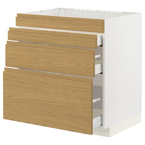 White and oak METOD kitchen cabinet with three drawers, minimalist design.