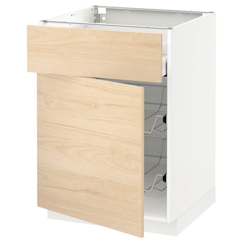 A white METOD kitchen cabinet with a light ash wooden drawer, featuring a sleek and modern design.