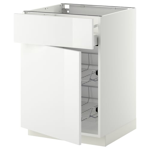 A white METOD kitchen cabinet with a glossy finish. It has a medium drawer with wire racks and a solid back.