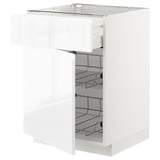 METOD / MAXIMERA Base cab w wire basket/drawer/door, white/Voxtorp high-gloss/white, 60x60x80 cm
