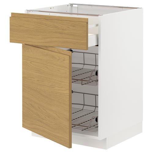 Modern white kitchen cabinet with oak drawer, open to show wire shelves.