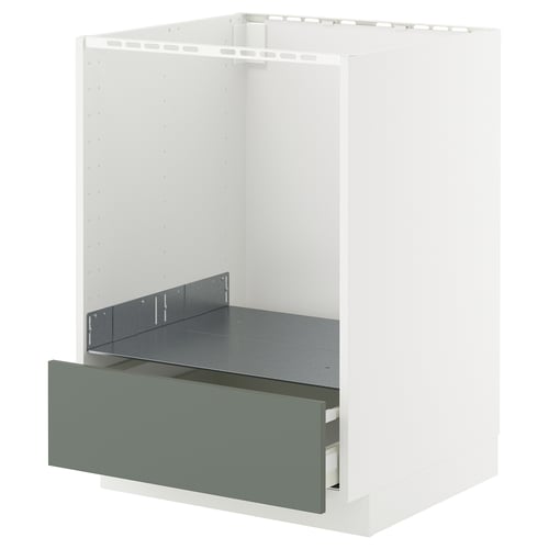 White METOD kitchen cabinet with grey-green drawer.