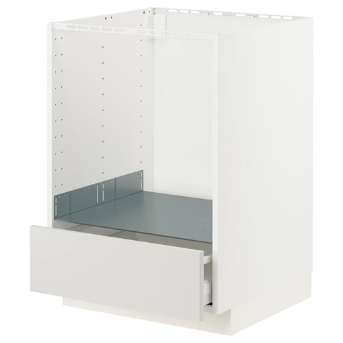 White METOD cabinet with grey drawer and metal shelf.