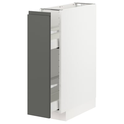 A white and dark grey modern kitchen cabinet with a pull-out drawer system.