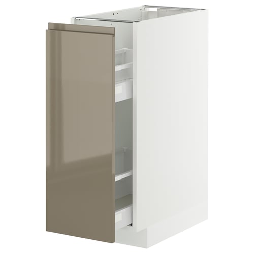 METOD kitchen cabinet, white & grey-brown, glossy finish, pull-out shelf, modern design.