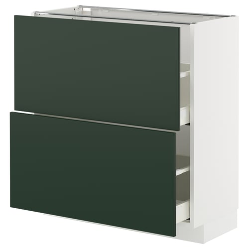 METOD kitchen unit, all-white with dark green drawers, sleek modern design.