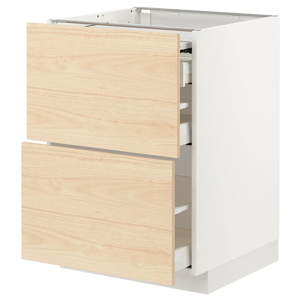 Light ash cabinet with two open drawers, white base, modern kitchen design.