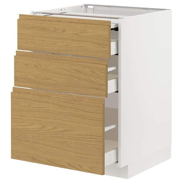 METOD / MAXIMERA Bc w pull-out work surface/3drw, white/Voxtorp oak effect, 60x60x80 cm