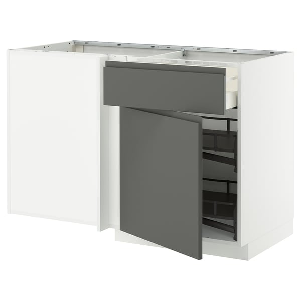 Modern white and grey kitchen unit by ikea METOD, featuring dark grey pull-out shelf for easy access.