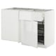 A white METOD kitchen cabinet with a pull-out shelf from IKEA. Its modern, rectangular, and has high gloss doors.