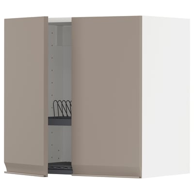METOD Wall cabinet w dish drainer/2 doors, white/Upplöv matt dark beige, 60x37x60 cm
