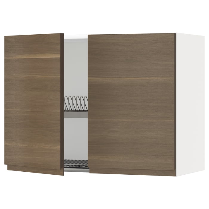 METOD wall w dish drainer/2 doors, white/Voxtorp walnut effect