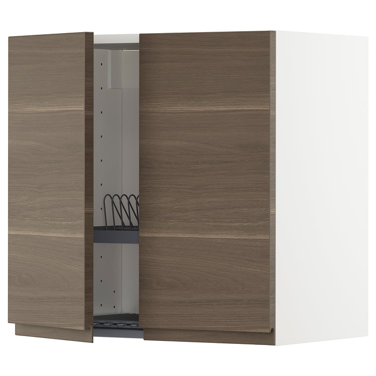 METOD wall w dish drainer/2 doors, white/Voxtorp walnut effect