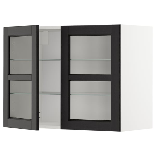 METOD Wall cabinet w shelves/2 glass drs, white/Lerhyttan black stained, 80x37x60 cm