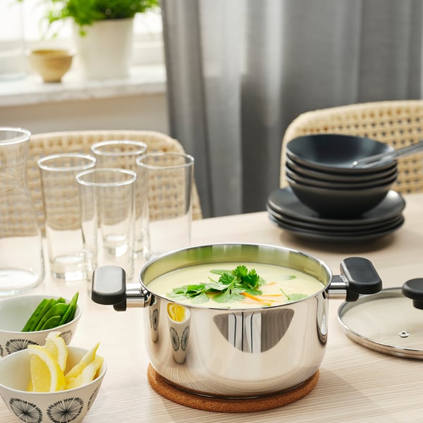 MIDDAGSMAT Pot with lid, clear glass/stainless steel, 3 l