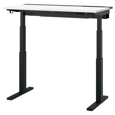 MITTZON sit-stand desk with dual motors, black legs, adjustable height, rectangular white top.