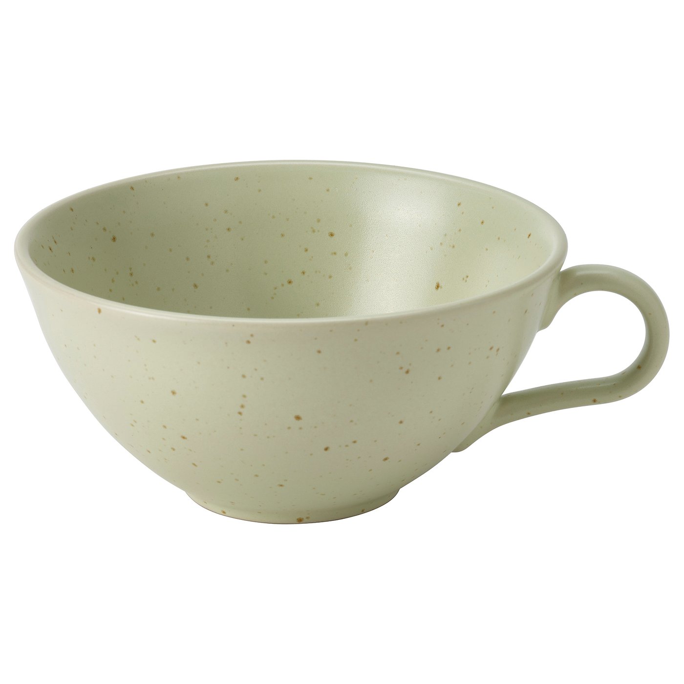 Light green speckled mug, handles comfortable grip, stoneware material.
