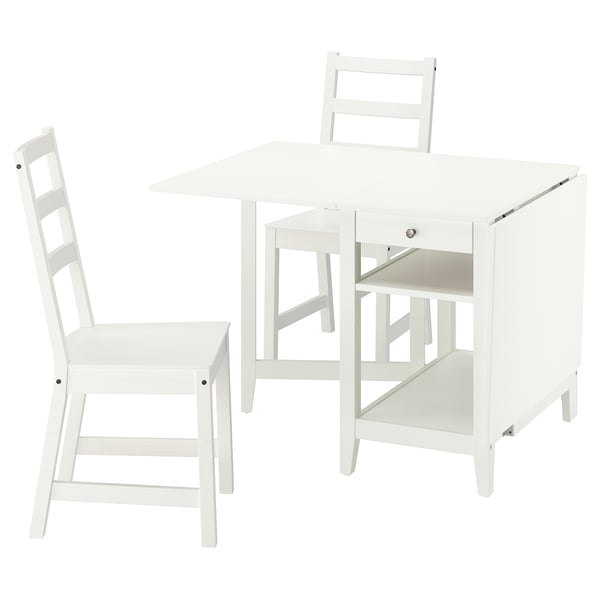 White NÄSINGE table and chairs set, classic design, wooden material.