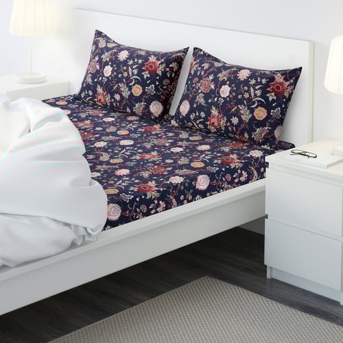 NÄSSELKLOCKA flat sheet and 2 pillowcase, dark blue/multicolour