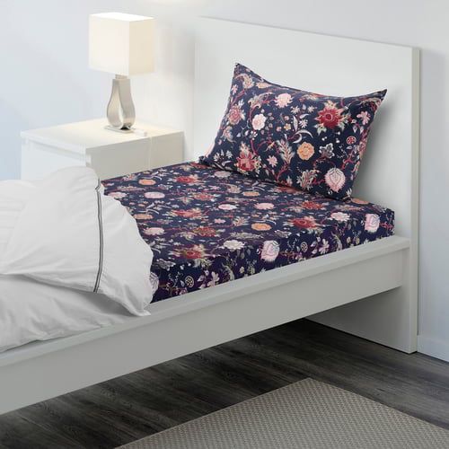 NÄSSELKLOCKA flat sheet and pillowcase, dark blue/multicolour, 150x260