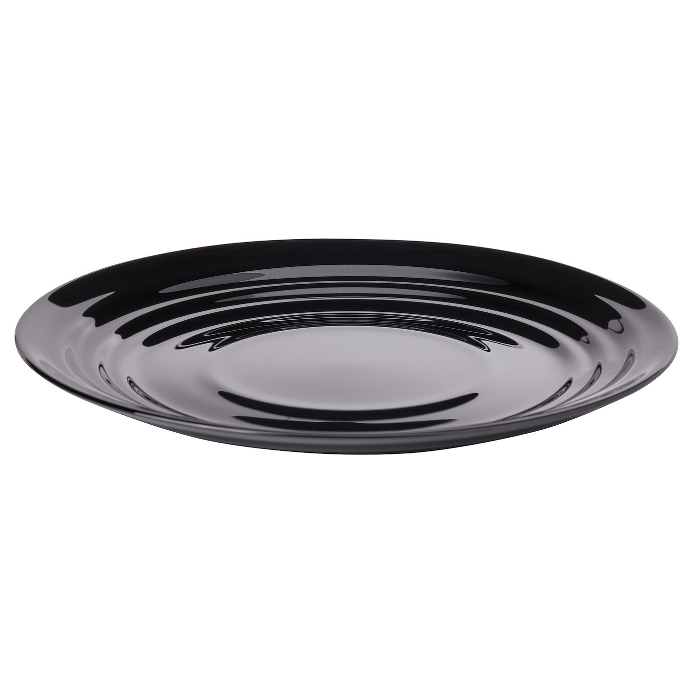 Black, circular, glossy dinner plate with wavy ripple design.