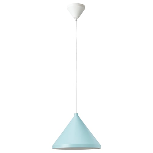 Light blue pendant lamp NÄVLINGE with conical shape hangs from white ceiling cup. Modern, minimalist design with glare-free light.