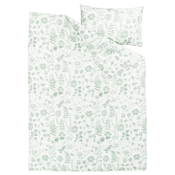 NÅLBJÖRNBÄR bedding set: green floral pattern on white, cotton-viscose blend with seersucker texture.