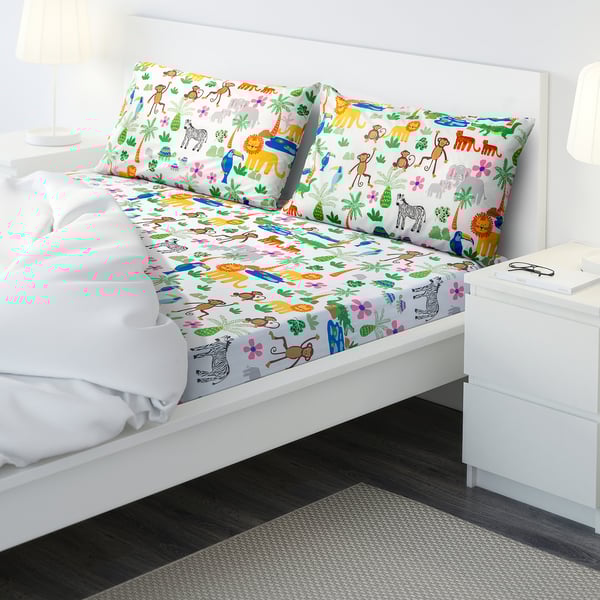 NATTHÄGER Flat sheet and 2 pillowcase, multicolour/jungle, 240x260/50x80 cm