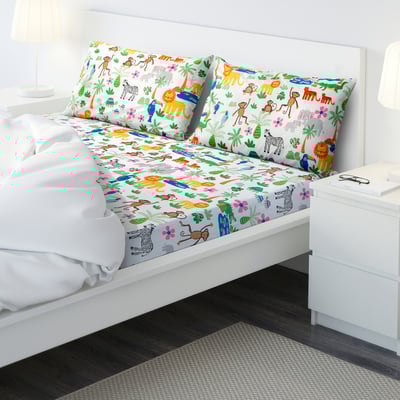 NATTHÄGER Flat sheet and 2 pillowcase, multicolour/jungle, 240x260/50x80 cm