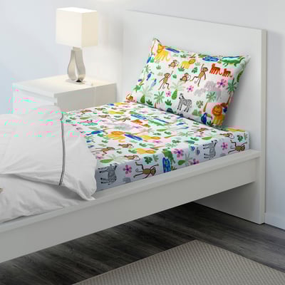 NATTHÄGER Flat sheet and pillowcase, multicolour/jungle, 150x250/50x80 cm