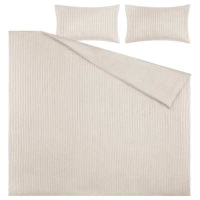 Beige striped bed set with duvet and pillowcases, soft sateen cotton/lyocell.