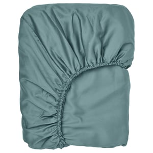 A greenish-blue fitted sheet, neatly folded. Its made from cotton and lyocell, featuring smooth sateen weave.