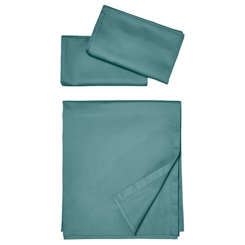 Two teal bed sheets: one folded rectangle with hemmed edges, one draped. Smooth sateen fabric, 60% cotton, 40% lyocell.