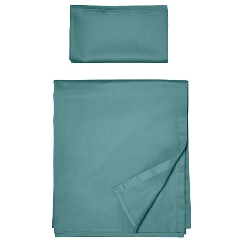 Two pieces of teal bedsheet set, smooth, rectangular; folded neatly, solid colour, no patterns.