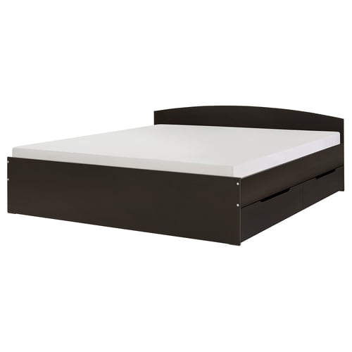 Black NODELAND bed with white mattress, dark wood frame, platform style, rectangular shape, minimalist design.