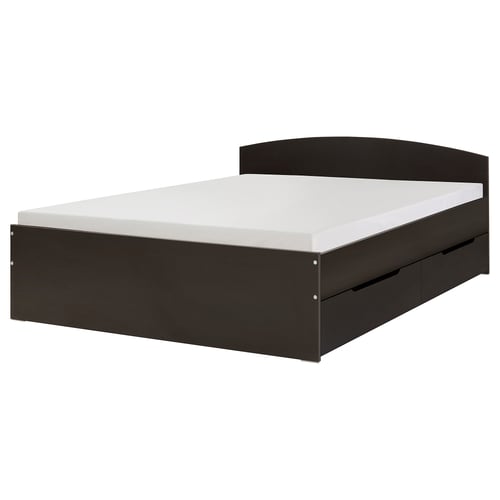 Black bed frame with underbed storage, minimalist.