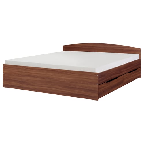 NODELAND bed frame: brown, wooden, rectangular with headboard, includes storage boxes.