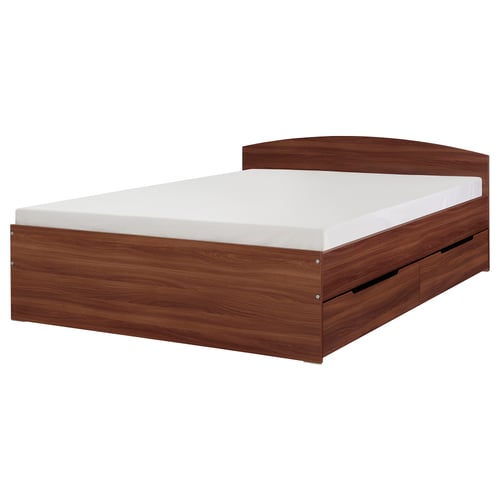 NODELAND bed in brown wood, rectangular, with a white mattress and two storage drawers below.