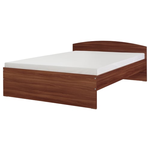 Minimalist NODELAND bed in brown wood & white mattress, sleek design.