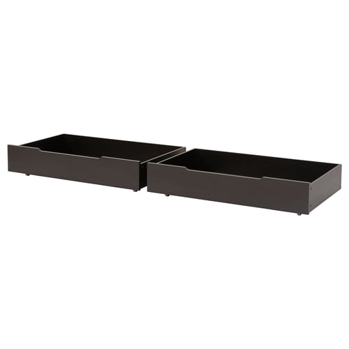 Two dark-colored rectangular storage boxes with wheels, designed for under-bed storage; sleek and modern.