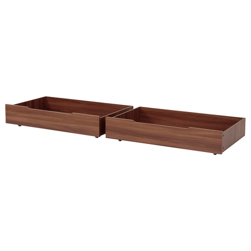 Two wooden under-bed storage drawers in brown; simple, rectangular design with casters for rolling out.