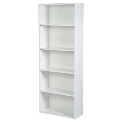A white NODELAND bookshelf with five shelves for storage. It is slim, rectangular, and easy to assemble.
