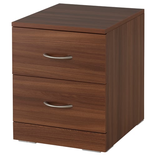 Brown wooden 2-drawer chest, smooth handles, modern design.