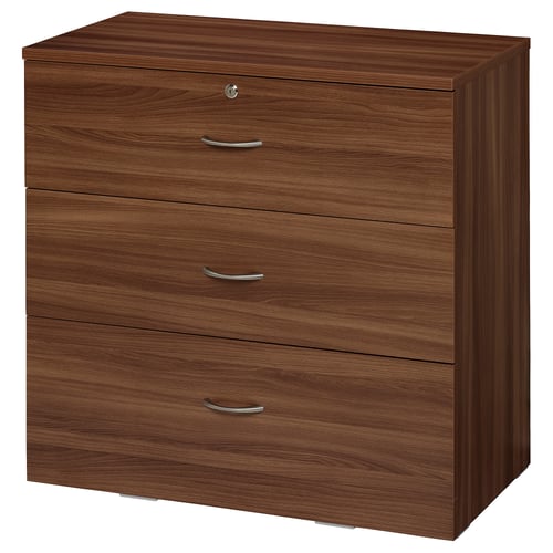NODELAND brown chest, three drawers, sleek design, wooden texture, secure locking.