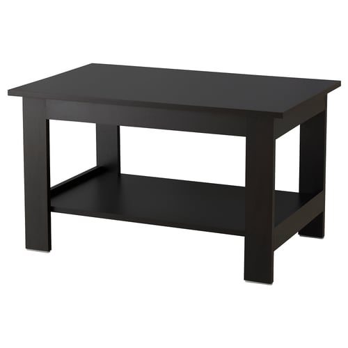 A black NODELAND coffee table with a rectangular top, a bottom shelf, and sturdy legs made of melamine foil and particleboard.