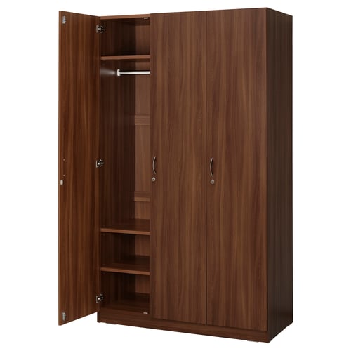 A brown NODELAND wardrobe, featuring three doors, adjustable shelves, and a hanging rod.