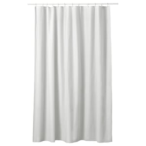 A white NORDRÖNN shower curtain made from polyethylene plastic, hanging straight with a simple, smooth design.