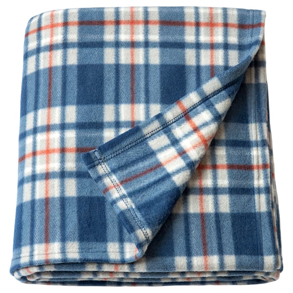 Recycled polyester blue plaid blanket with red accents, warm & soft.