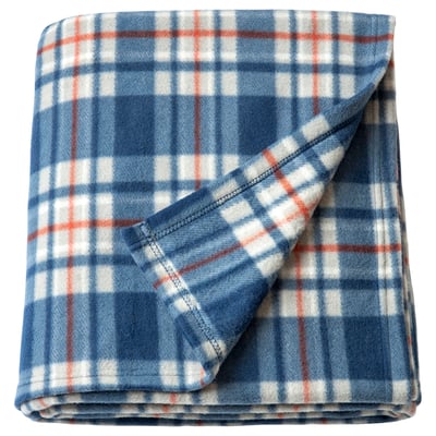 Recycled polyester blue plaid blanket with red accents, warm & soft.
